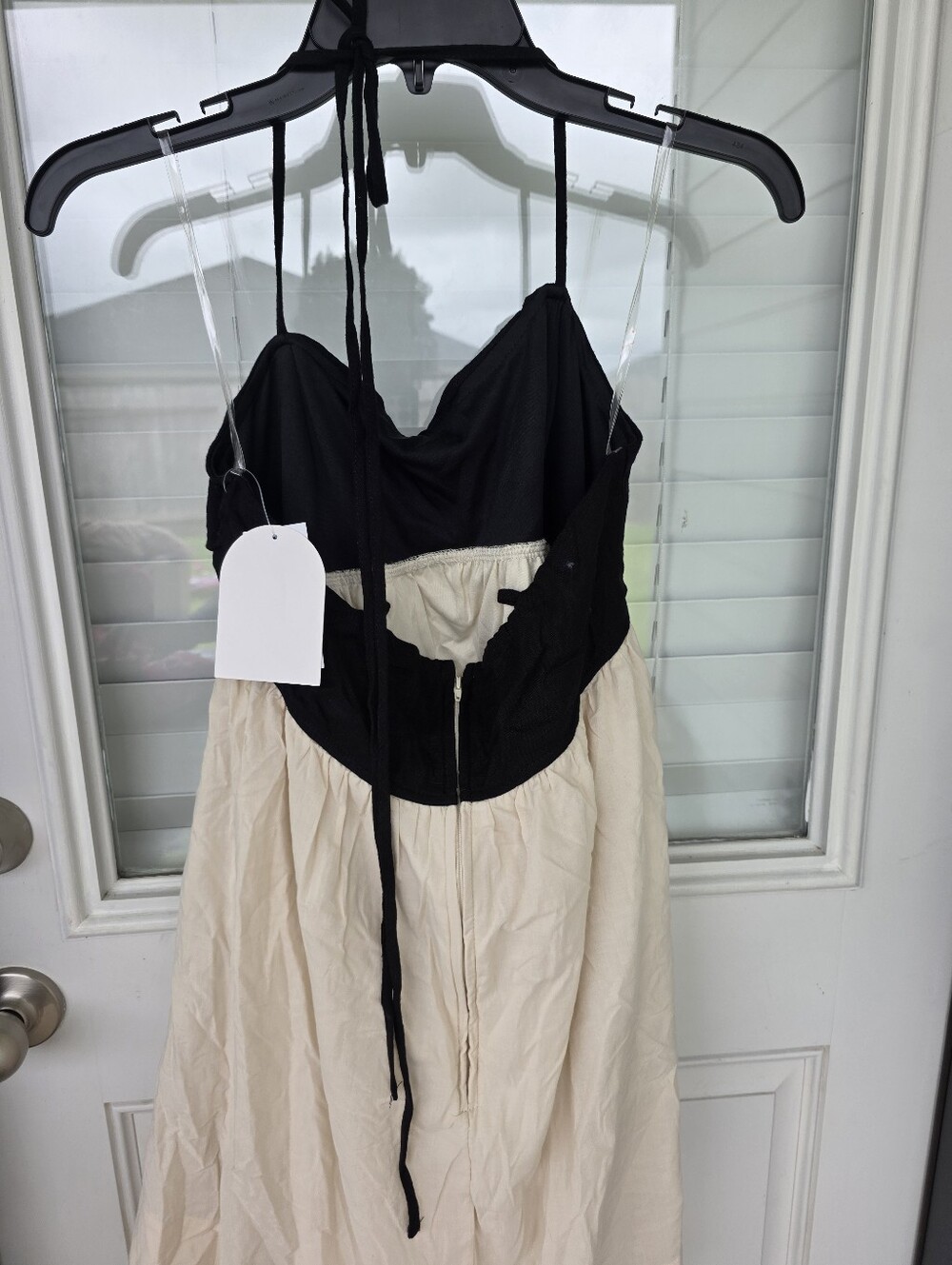 Row A Black Cream A-Line Midi Dress Halter Tie Back Cotton Linen Summer Dress M - Picture 5 of 8